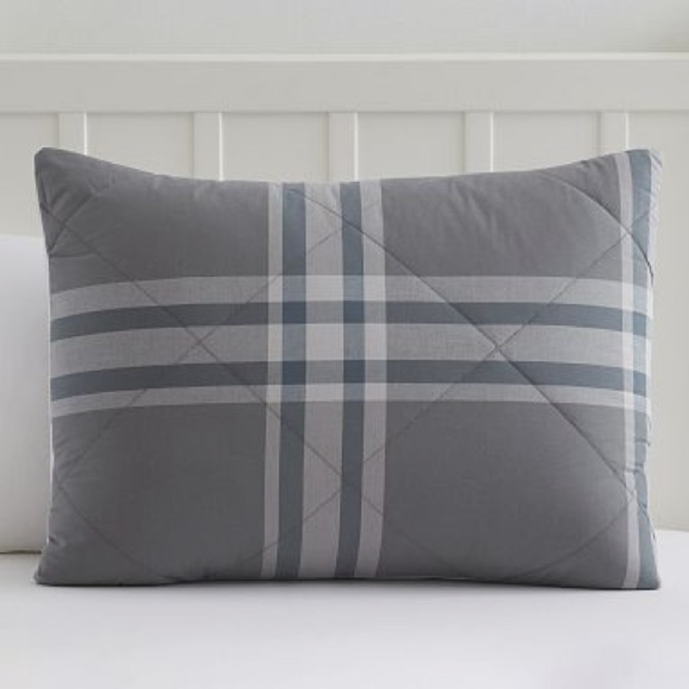 NWT PotteryBarn Teen Xander Plaid Sham standard size quilted charcoal gray navy